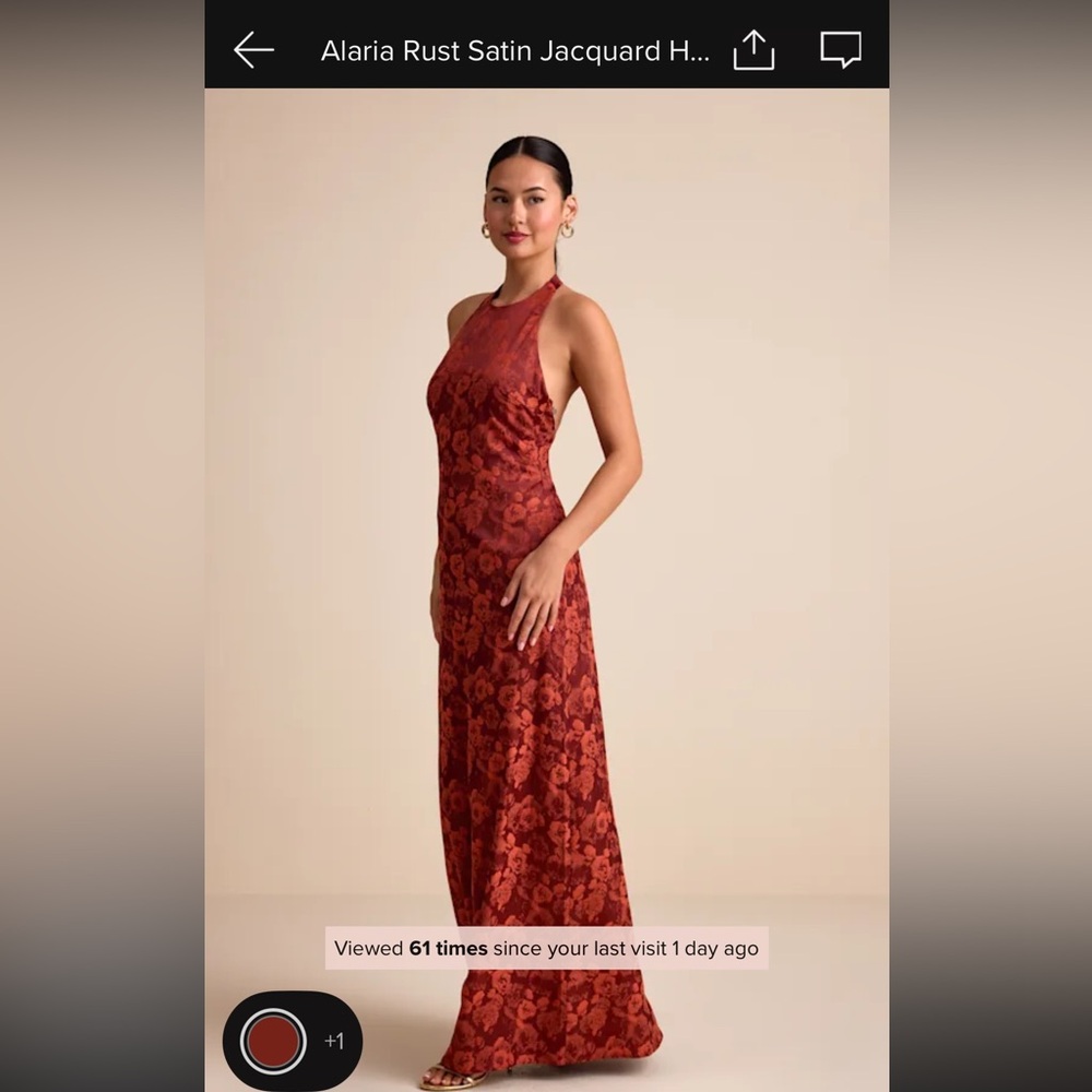 Lulu's Alaria Rust Satin Jacquard Halter Dress